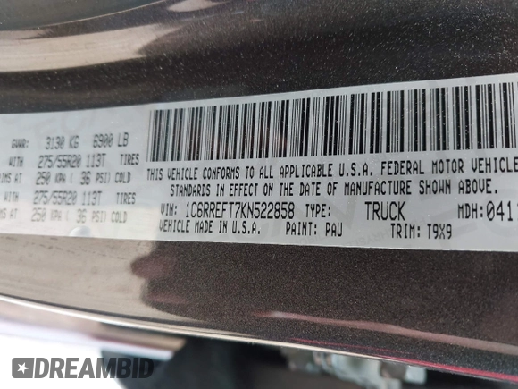 2019 Ram 1500 Big Horn z VIN 1C6RREFT7KN522858, wystawiony jako IAAI lot #41938140 z przebiegiem 115 165 mil mil oraz . Historia ofert i sprzedaży dostępna na DreamBid. Obrazek 9.
