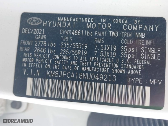 2022 Hyundai Tucson Hybrid SEL Convenience with VIN KM8JFCA18NU049213, listed as a IAAI auction lot 41770009 with 12,420 mi miles. Bid and sale history available at carsss.com. Image 9.