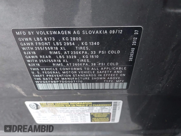 2013 Volkswagen Touareg Lux with VIN WVGEF9BP7DD007170, listed as a IAAI auction lot 41787075 with 131,089 mi miles and . Bid and sale history available at DreamBid. Image 9.