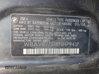 2008 BMW 3 Series 335i with VIN WBAVB77518NH79417, listed as a Copart auction lot 43577375 with 97,291 mi miles and Salvage Title. Bid and sale history available at carsss.com. Image 12.