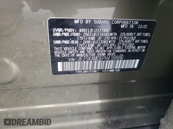 2023 Subaru Forester Wilderness with VIN JF2SKAMC6PH438886, listed as a Copart auction lot 52697755 with 6,551 mi miles and Salvage Title. Bid and sale history available at carsss.com. Image 16.