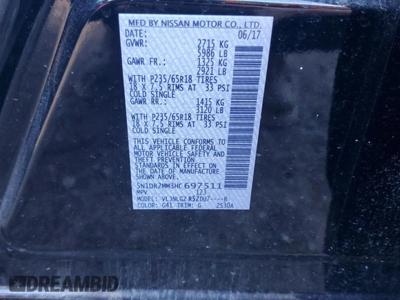 2017 Nissan Pathfinder SL with VIN 5N1DR2MM3HC697511, listed as a Copart auction lot 79969634 with 136,300 mi miles and Clean Title. Bid and sale history available at carsss.com. Image 13.