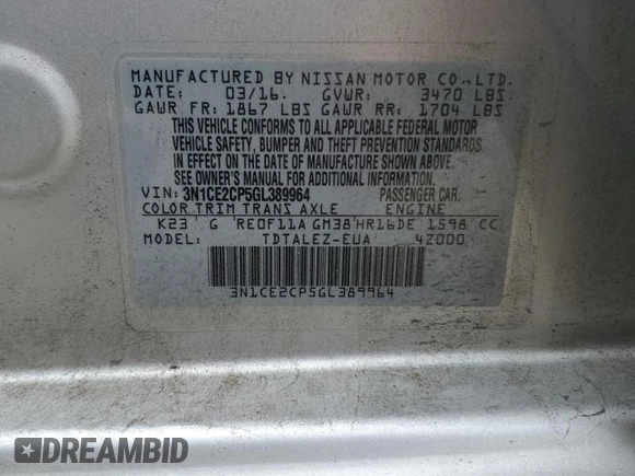 2016 Nissan Note SR with VIN 3N1CE2CP5GL389964, listed as a Copart auction lot 64019435 with 135,101 mi miles and Salvage title. Bid and sale history available at DreamBid. Image 13.