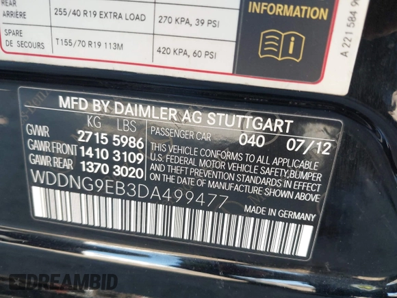 2013 Mercedes-Benz S 550 with VIN WDDNG9EB3DA499477, listed as a IAAI auction lot 41590018 with 64,547 mi miles and . Bid and sale history available at DreamBid. Image 9.