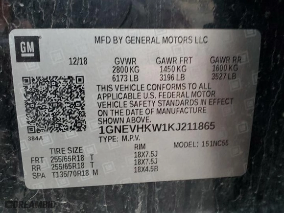 2019 Chevrolet Traverse LT Leather with VIN 1GNEVHKW1KJ211865, listed as a Copart auction lot 83752034 with 163,299 mi miles and Salvage Title. Bid and sale history available at carsss.com. Image 13.