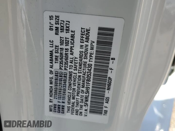 2015 Honda Odyssey Touring Elite z VIN 5FNRL5H91FB053430, wystawiony jako Copart lot #55276315 z przebiegiem 96 667 mil mil oraz Szkoda całkowita • Salvage title. Historia ofert i sprzedaży dostępna na DreamBid. Obrazek 12.