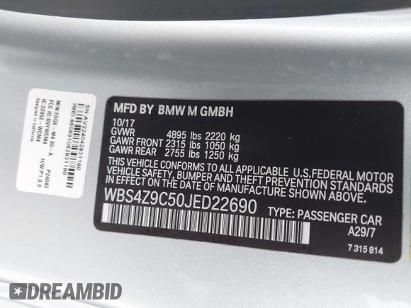 2018 BMW M4 with VIN WBS4Z9C50JED22690, listed as a IAAI auction lot 42439194 with 61,928 mi miles and . Bid and sale history available at DreamBid. Image 9.