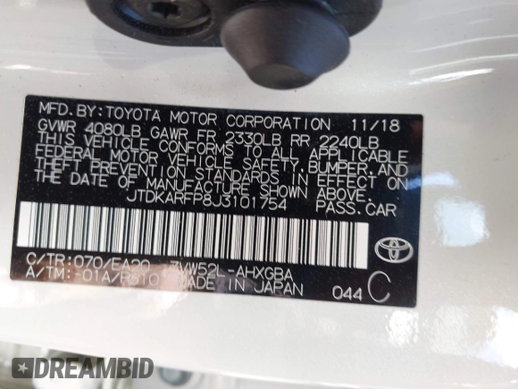 2018 Toyota Prius Plus with VIN JTDKARFP8J3101754, listed as a IAAI auction lot 42045438 with 72,317 mi miles and . Bid and sale history available at DreamBid. Image 9.