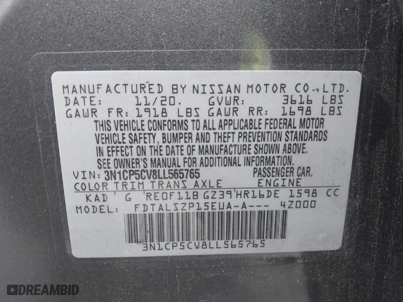 2020 Nissan Kicks SV with VIN 3N1CP5CV8LL565765, listed as a IAAI auction lot 41831473 with 20,920 mi miles. Bid and sale history available at carsss.com. Image 9.