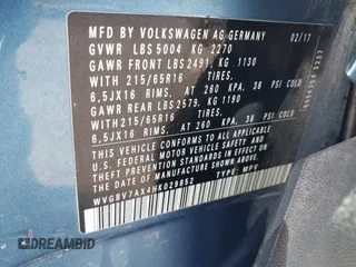 2017 Volkswagen Tiguan S with VIN WVGBV7AX4HK029852, listed as a IAAI auction lot 41654651 with 37,759 mi miles and . Bid and sale history available at DreamBid. Image 9.
