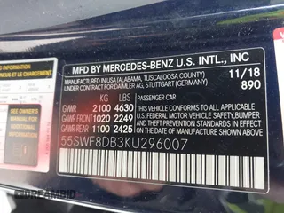 2019 Mercedes-Benz C 300 z VIN 55SWF8DB3KU296007, wystawiony jako IAAI lot #41563261 z przebiegiem 155 185 mil mil oraz . Historia ofert i sprzedaży dostępna na DreamBid. Obrazek 9.