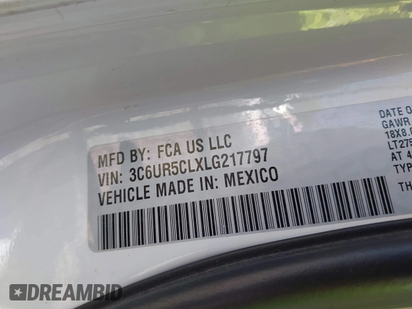 2020 Ram 2500 Tradesman with VIN 3C6UR5CLXLG217797, listed as a IAAI auction lot 41994981 with 209,325 mi miles and . Bid and sale history available at DreamBid. Image 9.