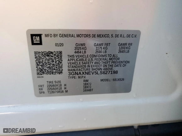 2020 Chevrolet Equinox Premier with VIN 3GNAXNEV5LS627198, listed as a Copart auction lot 42784965 with 33,879 mi miles and Salvage Title. Bid and sale history available at carsss.com. Image 13.