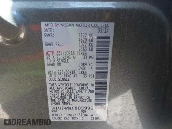 2014 Nissan Rogue SL with VIN 5N1AT2MV8EC805999, listed as a IAAI auction lot 41727953 with 187,623 mi miles. Bid and sale history available at carsss.com. Image 9.