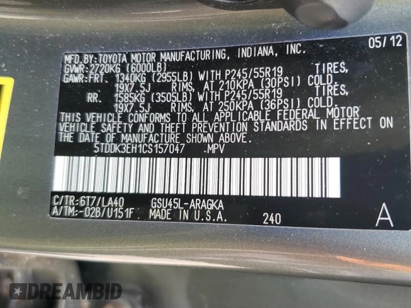 2012 Toyota Highlander Limited with VIN 5TDDK3EH1CS157047, listed as a Copart auction lot 59481645 with 140,223 mi miles and Salvage title. Bid and sale history available at DreamBid. Image 13.