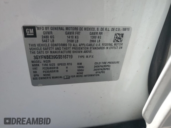 2016 Cadillac SRX Luxury Collection with VIN 3GYFNBE39GS516719, listed as a Copart auction lot 59988365 with 138,054 mi miles and Salvage title. Bid and sale history available at DreamBid. Image 13.
