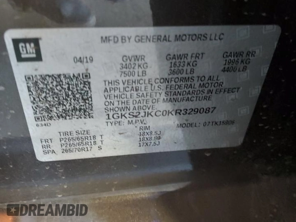 2019 GMC Yukon XL SLT Standard Edition with VIN 1GKS2JKC0KR329087, listed as a Copart auction lot 86979064 with 0 mi miles and Salvage Title. Bid and sale history available at carsss.com. Image 14.