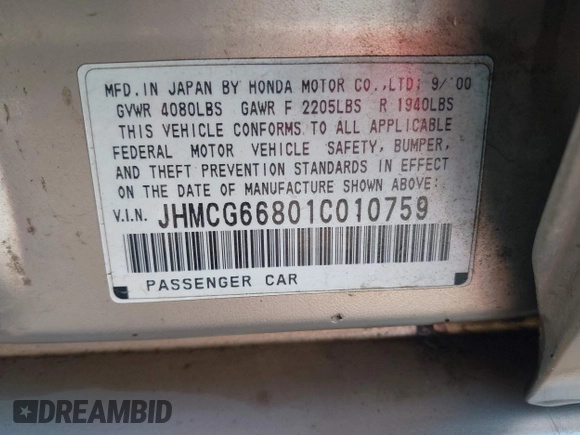 2001 Honda Accord EX z VIN JHMCG66801C010759, wystawiony jako IAAI lot #42303890 z przebiegiem 216 143 mil mil oraz . Historia ofert i sprzedaży dostępna na DreamBid. Obrazek 9.