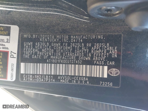 2014 Toyota Camry Hybrid LE with VIN 4T1BD1FK0EU127452, listed as a IAAI auction lot 41354543 with 1 mi miles. Bid and sale history available at carsss.com. Image 9.