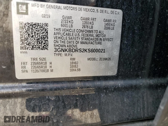 2019 Chevrolet Blazer z VIN 3GNKBDRS2KS600021, wystawiony jako Copart lot #48367715 z przebiegiem 118 879 mil mil oraz Szkoda całkowita • Salvage title. Historia ofert i sprzedaży dostępna na DreamBid. Obrazek 15.