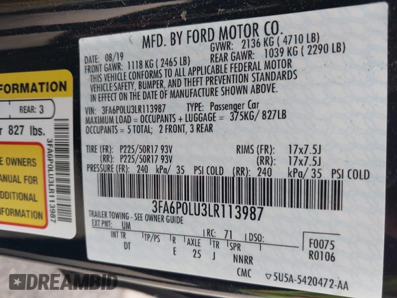 2020 Ford Fusion Hybrid SE with VIN 3FA6P0LU3LR113987, listed as a IAAI auction lot 41778511 with 67,509 mi miles. Bid and sale history available at carsss.com. Image 9.