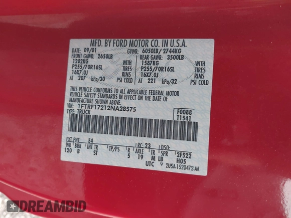 2002 Ford F-150 XL with VIN 1FTRF17212NA28575, listed as a IAAI auction lot 42344839 with Not provided miles and . Bid and sale history available at DreamBid. Image 9.