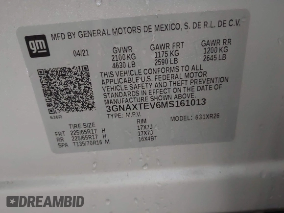 2021 Chevrolet Equinox LT with VIN 3GNAXTEV6MS161013, listed as a IAAI auction lot 41913023 with 68,969 mi miles and . Bid and sale history available at DreamBid. Image 9.