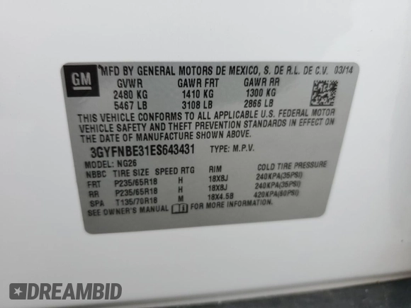 2014 Cadillac SRX Luxury Collection with VIN 3GYFNBE31ES643431, listed as a Copart auction lot 50981875 with 107,345 mi miles and Salvage Title. Bid and sale history available at carsss.com. Image 13.