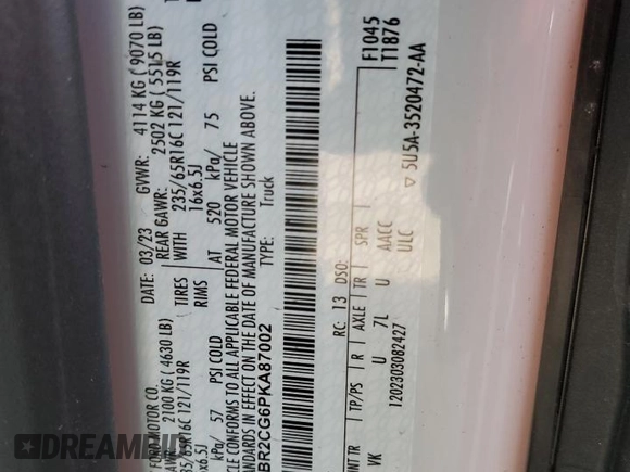 2023 Ford Transit Cargo с VIN 1FTBR2CG6PKA87002, выставлен на аукционе Copart как лот 75418304 с пробегом 24 240 миль миль и Списание • Salvage title. История ставок и продаж доступна на DreamBid. Изображение 13.