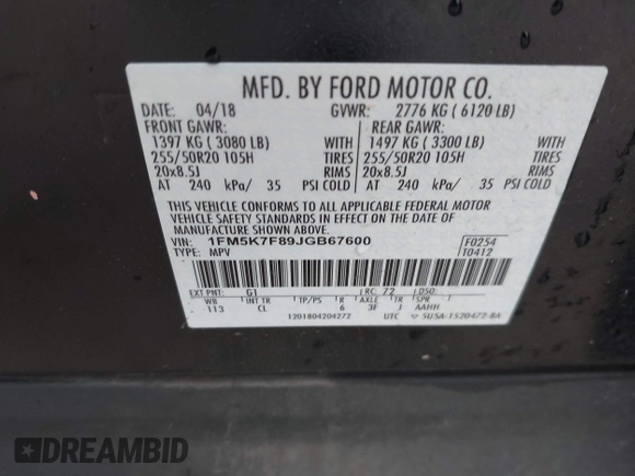 2018 Ford Explorer Limited with VIN 1FM5K7F89JGB67600, listed as a IAAI auction lot 41972087 with 127,221 mi miles and . Bid and sale history available at carsss.com. Image 9.