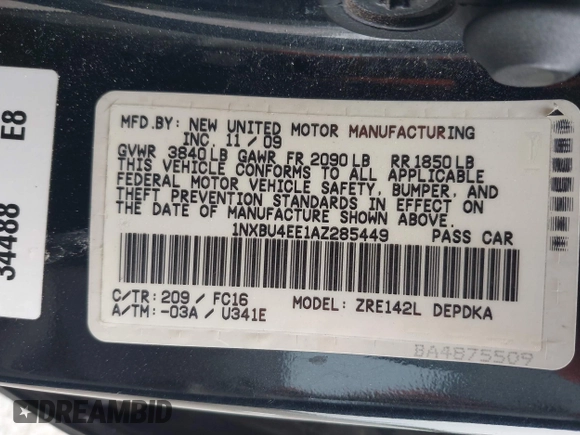 2010 Toyota Corolla with VIN 1NXBU4EE1AZ285449, listed as a IAAI auction lot 42040668 with 121,404 mi miles and . Bid and sale history available at carsss.com. Image 9.