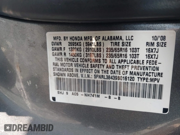 2009 Honda Odyssey EX с VIN 5FNRL38439B016120, выставлен на аукционе IAAI как лот 42394180 с пробегом 173 411 миль миль и . История ставок и продаж доступна на DreamBid. Изображение 9.