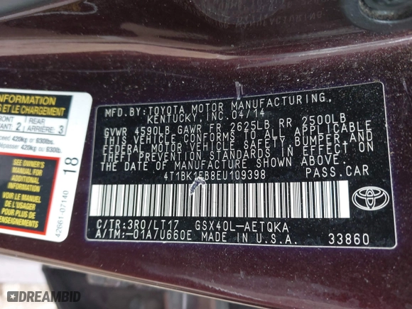 2014 Toyota Avalon Limited with VIN 4T1BK1EB8EU109398, listed as a IAAI auction lot 41843832 with 138,405 mi miles. Bid and sale history available at carsss.com. Image 9.