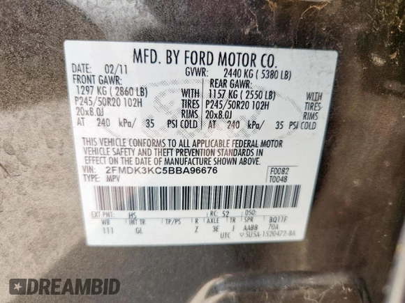 2011 Ford Edge Limited with VIN 2FMDK3KC5BBA96676, listed as a Copart auction lot 64251705 with 168,757 mi miles and Clean title. Bid and sale history available at DreamBid. Image 13.