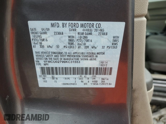2009 Ford Escape XLS z VIN 1FMCU02799KC31553, wystawiony jako Copart lot #55219775 z przebiegiem 109 154 mil mil oraz Szkoda całkowita • Salvage title. Historia ofert i sprzedaży dostępna na DreamBid. Obrazek 13.