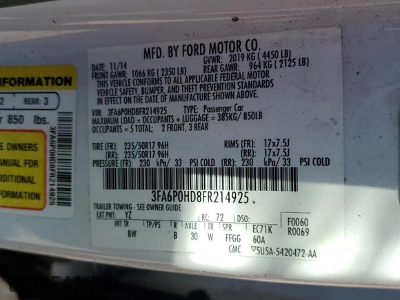 2015 Ford Fusion SE with VIN 3FA6P0HD8FR214925, listed as a Copart auction lot 49283285 with 149,213 mi miles and Salvage Title. Bid and sale history available at DreamBid. Image 12.