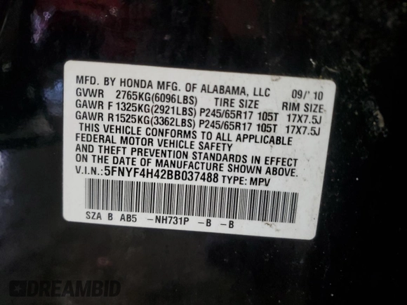 2011 Honda Pilot EX with VIN 5FNYF4H42BB037488, listed as a Copart auction lot 45203955 with Not Provided miles and Salvage Title. Bid and sale history available at DreamBid. Image 14.