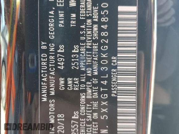 2019 Kia Optima LX with VIN 5XXGT4L30KG284850, listed as a Copart auction lot 56714065 with Not provided miles and Clean title. Bid and sale history available at DreamBid. Image 12.