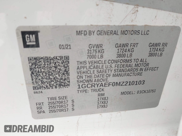 2021 Chevrolet Silverado 1500 Work Truck with VIN 1GCRYAEF0MZ210103, listed as a IAAI auction lot 41895696 with 80,098 mi miles and . Bid and sale history available at DreamBid. Image 9.