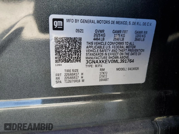 2021 Chevrolet Equinox LT with VIN 3GNAXKEV0ML391764, listed as a Copart auction lot 49441175 with 49,995 mi miles and Salvage Title. Bid and sale history available at carsss.com. Image 13.
