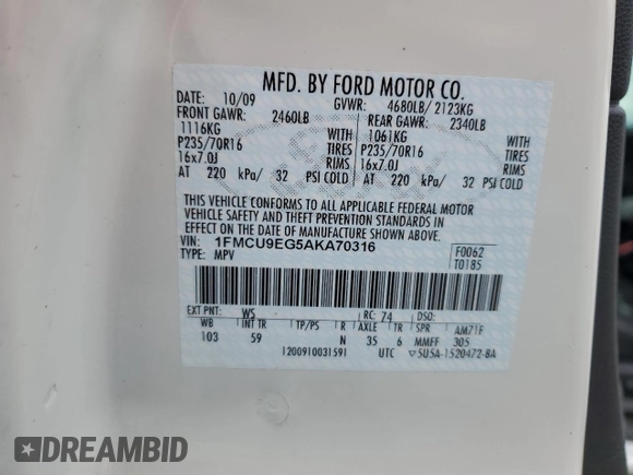 2010 Ford Escape Limited with VIN 1FMCU9EG5AKA70316, listed as a Copart auction lot 62413205 with 106,936 mi miles and Salvage title. Bid and sale history available at DreamBid. Image 14.