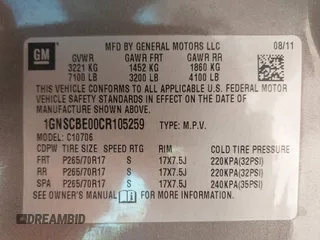 2012 Chevrolet Tahoe LT with VIN 1GNSCBE00CR105259, listed as a IAAI auction lot 42190925 with Not provided miles and . Bid and sale history available at DreamBid. Image 9.