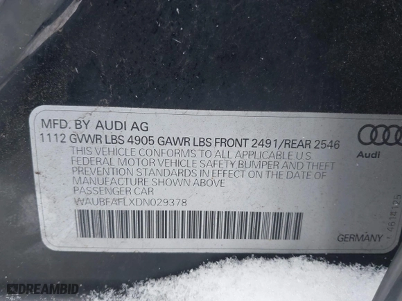 2013 Audi A4 Premium with VIN WAUBFAFLXDN029378, listed as a IAAI auction lot 41570040 with 232,758 mi miles. Bid and sale history available at carsss.com. Image 9.