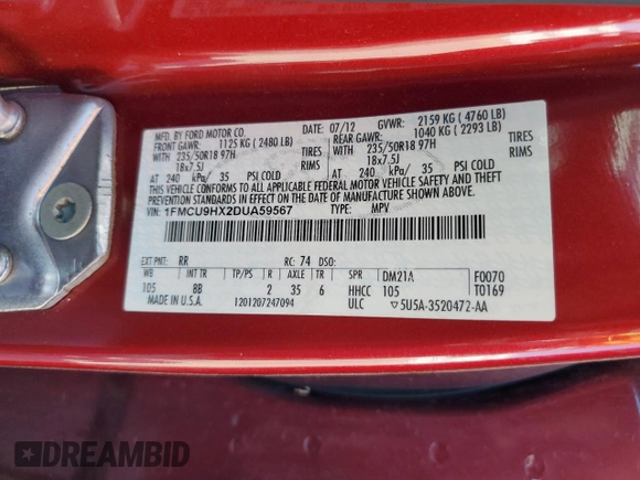 2013 Ford Escape SEL с VIN 1FMCU9HX2DUA59567, выставлен на аукционе Copart как лот 60935615 с пробегом 108 255 миль миль и Чистый • Clean title. История ставок и продаж доступна на DreamBid. Изображение 13.