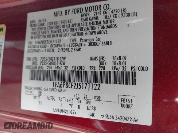2018 Ford Mustang GT with VIN 1FA6P8CF2J5171122, listed as a IAAI auction lot 41214704 with 95,972 mi miles and . Bid and sale history available at DreamBid. Image 9.