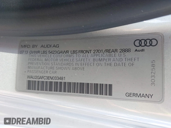 2014 Audi A7 Prestige with VIN WAU2GAFC3EN033481, listed as a IAAI auction lot 42094489 with 93,147 mi miles and . Bid and sale history available at DreamBid. Image 9.