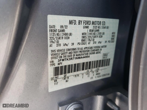2022 Ford Mustang Mach-E Premium with VIN 3FMTK3R71NMA44954, listed as a Copart auction lot 42087705 with NaN miles and Salvage Title. Bid and sale history available at carsss.com. Image 14.