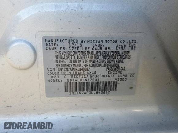 2019 Nissan Versa SV with VIN 3N1CN7AP0KL840887, listed as a Copart auction lot 56193595 with 85,801 mi miles and Salvage title. Bid and sale history available at DreamBid. Image 12.