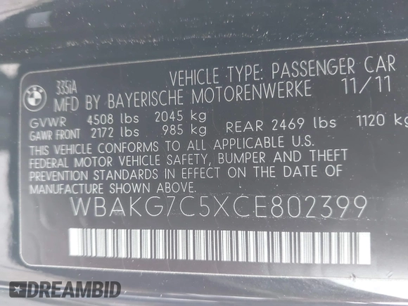 2012 BMW 3 Series 335i with VIN WBAKG7C5XCE802399, listed as a IAAI auction lot 42210396 with 141,502 mi miles and . Bid and sale history available at DreamBid. Image 9.