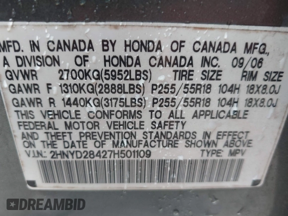 2007 Acura MDX Technology with VIN 2HNYD28427H501109, listed as a IAAI auction lot 42214693 with 210,244 mi miles and . Bid and sale history available at DreamBid. Image 9.